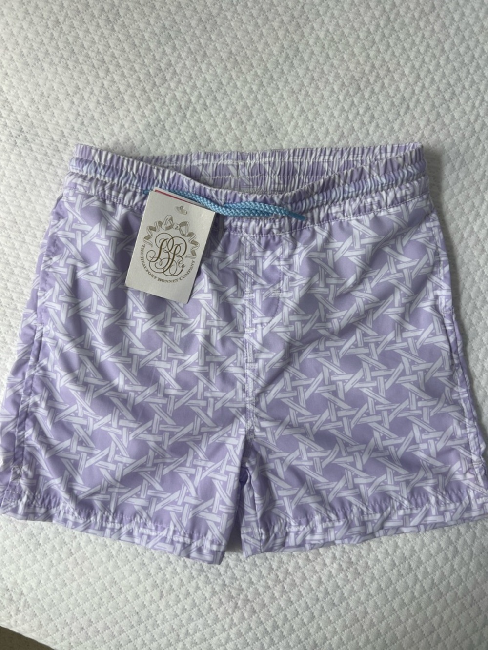The Beaufort Bonnet Company Lavender Geometric Kids Swim Trunks